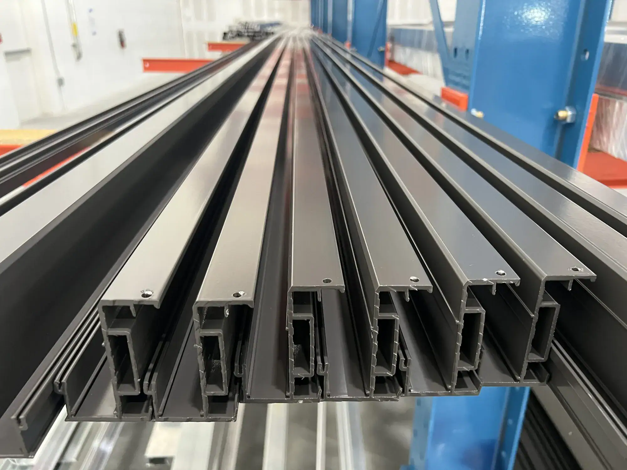 closeup of metal frames used for windows and doors with metal coating