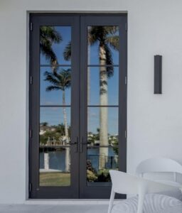 closed french doors with palm trees reflected in the glass
